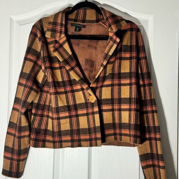 Tahari Plaid Rayon Long Sleeve Cropped Collared Blazer Jacket Size L - Picture 2 of 9